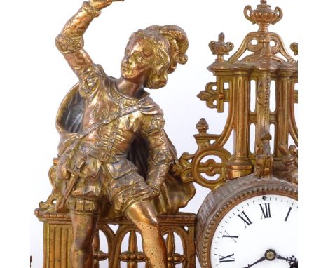 A French 19th century figural brass 8-day mantel clock, case by P H Mourey, white enamel dial with Roman numeral hour markers