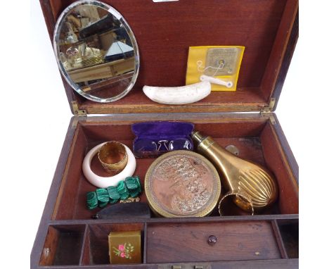 Cased spectacles, powder flask, and embossed copper and brass box, in a Victorian mahogany box 