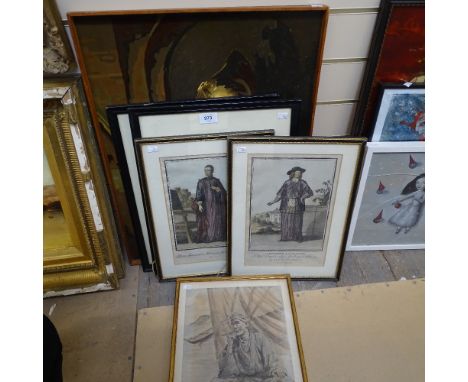 2 18thC engravings, an oriental etching, 2 Morrocan scenes by Hans Hansen &amp; an oil on board of a knight 