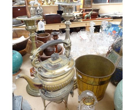 2 large prickett candle stands, largest height 32cm, plated tea kettle on stand, tinplate waste bin, and moulded glass-cased 