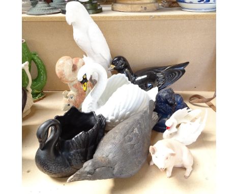 A group of ceramic bird ornaments, a Rye Pottery squirrel, height 22cm, a Victorian moulded blue glass dog etc 