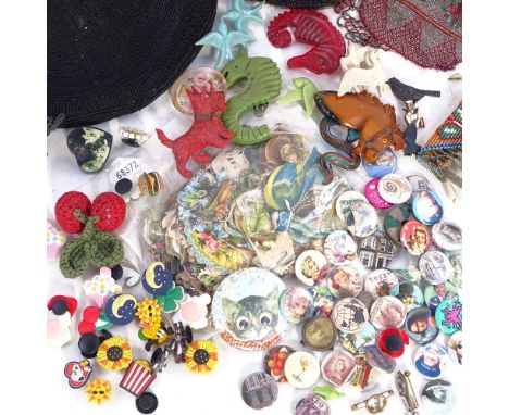 A collection of tinplate badges, Vintage scraps, beadwork items, evening bags etc (boxful) 