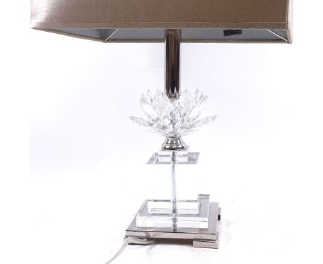 A chrome-stemmed table lamp with rectangular shade and crystal flower decoration, height 52cm 