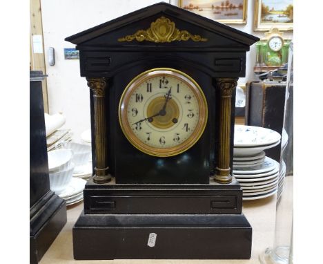 An Antique slate-cased mantel clock with brass pilasters, height 42.5cm 