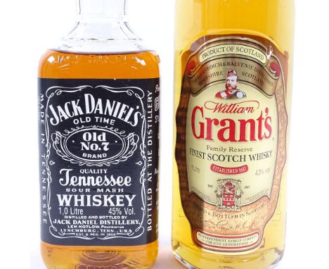 A 1 litre bottle of William Grant's Scotch Whisky, and a 1 litre bottle of Jack Daniels Whiskey (JD opened) (2) 