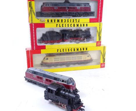 5 Fleischmann HO gauge model railway locomotives, all boxed 