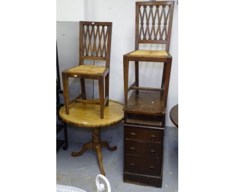 A mahogany tripod table, a pair of 19th century rush-seated chairs, and a narrow 4-drawer chest (4) 