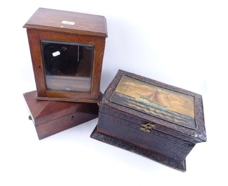 A Vintage oak smoker's cabinet, mahogany tea caddy and a painted tin box, cabinet height 30cm (3) 