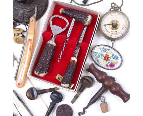 Various collectables, including Metropolitan Police whistle, Vintage corkscrew, agate-handled silver-mounted ivory letter ope