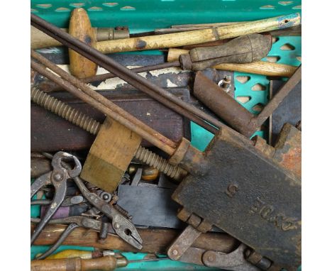 Various Vintage tools, including clippers, mallets, cranks etc 
