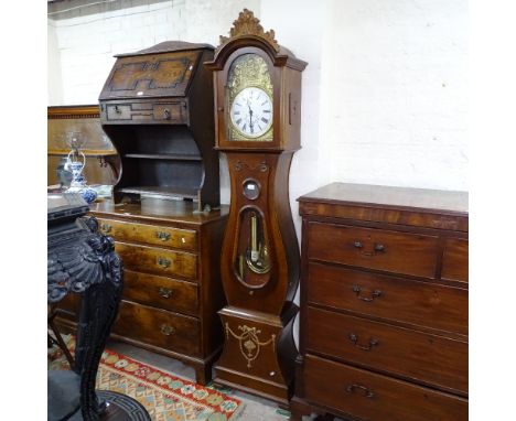 A French comtoise design longcase clock, with embossed brass arch-top dial, and 3-train movement, H210cm 