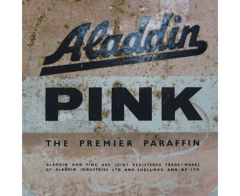 A Vintage Aladdin pink Premier Paraffin pink and white enamel advertising sign, 42cm x 48.5cm 