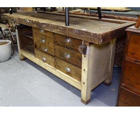A Vintage pine workbench, with fitted drawers and Record 52 1/2 vice, L186cm, H80cm, D69cm 