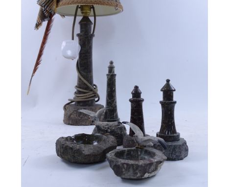 A group of serpentine marble, including table lamp and shade, overall height 46cm 