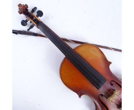 An early/mid-20th century Stradivarius copy violin and bow, in hardshell case, violin length 60cm 