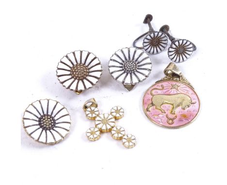Silver and enamel daisy pattern earrings, enamel crucifix, and a pink enamel "tamrus" pendant etc 