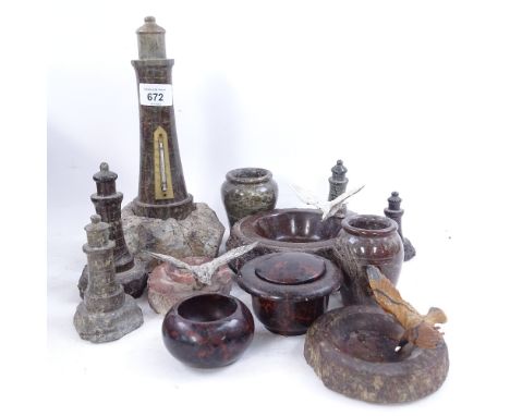 A group of serpentine marble, including a lighthouse thermometer, height 25cm 