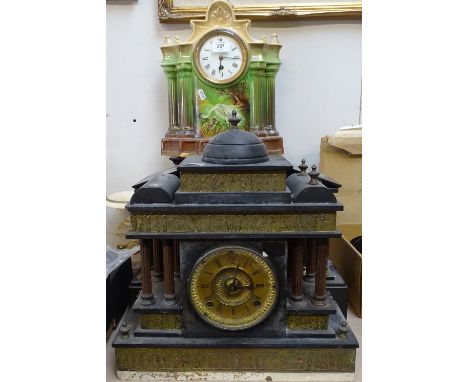 A slate mantel clock with brass dial, height 40cm, a slate clock case, a mantel clock, and a porcelain-cased clock with paint
