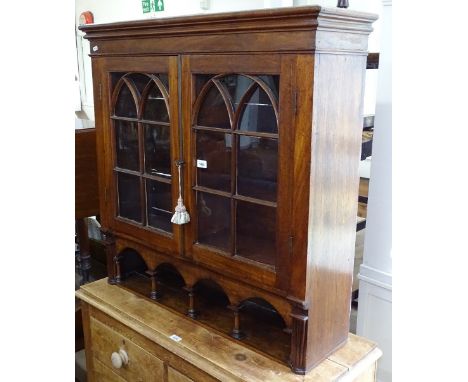 A mahogany hanging cabinet, with 2 arch-top glazed doors and open shelf, W95cm, H94cm 