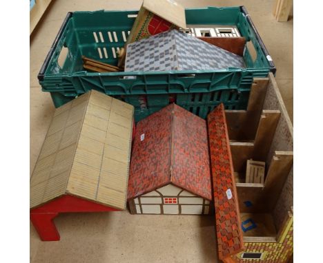 Various Vintage painted wood farmyard toy buildings, train set track etc (2 boxes) 
