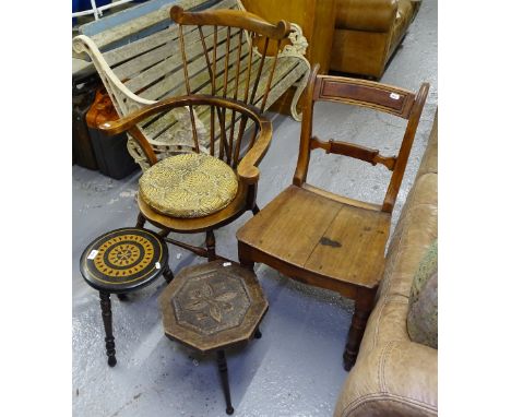 An Edwardian bow-arm stick-back chair, chip carved occasional table, ebonised circular occasional table etc (4) 