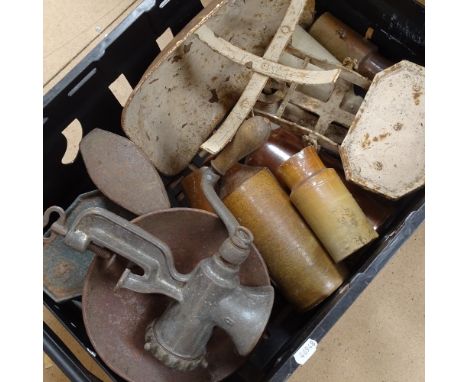 Various kitchenalia, including salt glaze stoneware flagons, set of scales, mincer etc 