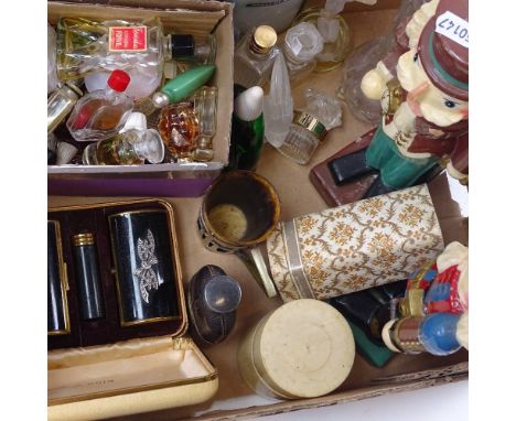 Various collectables, including empty miniature perfume bottles, including Lalique, Chanel etc, small leather-covered plated 