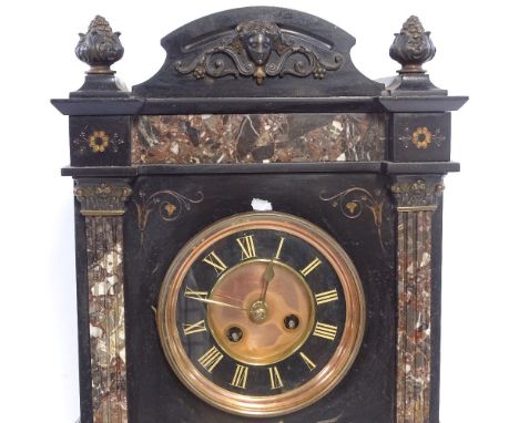 A 19th century coloured marble and slate-cased architectural mantel clock, with copper and slate dial, height 43cm 