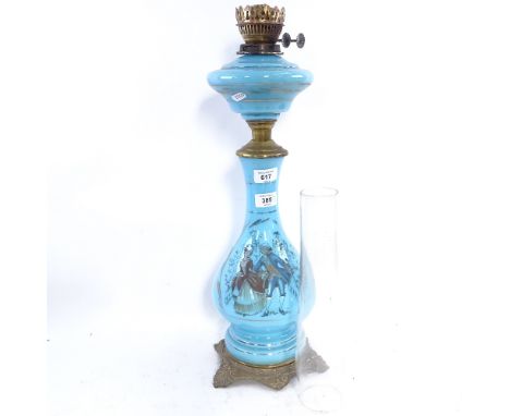 A stencilled blue glass brass Duplex oil lamp, height excluding chimney 57cm 