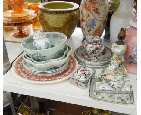 Edwardian style brass desk lamp, another, various Coronaware including tea caddy, platter, butter dish, etc., Adams Calyxware