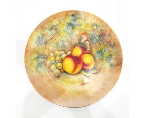 20th century Royal Worcester china plate with gilt rim, handpainted with peaches and grapes by J Cook, 27cm diameter and anot