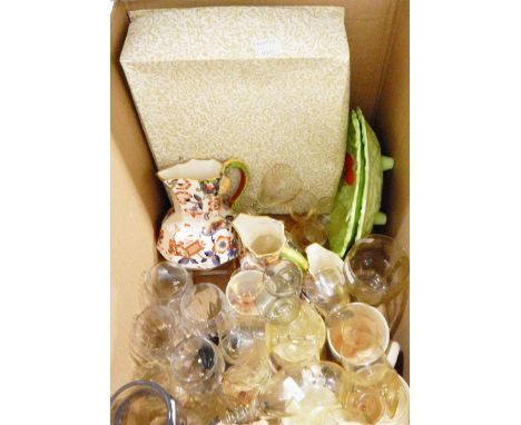 Two graduated Masons ironstone style jugs, two Carltonware style dishes, assorted glassware and a boxed set of Tudor sherry g
