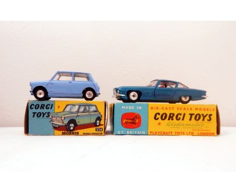 Corgi Toys Ghia L6.4 with Chrysler V8 engine, turqouise/blue together with Corgi Morris Mini-Minor 226, boxed (2) 