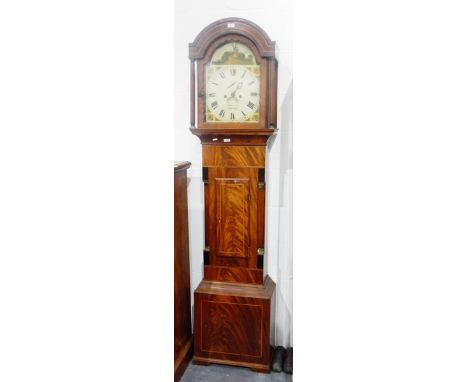 George III inlaid mahogany longcase clock with broken arch pediment, the painted arched dial with floral spandrels, windmill 