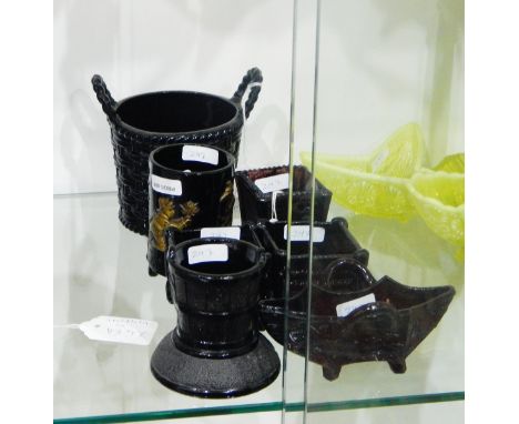 Quantity of Victorian black pressed glass including a vase depicting scenes from Bo Peep after designs by Walter Crane with g