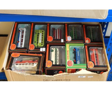 23 EFE 1:76 scale model vehicles in window display boxes, principally buses and coaches 