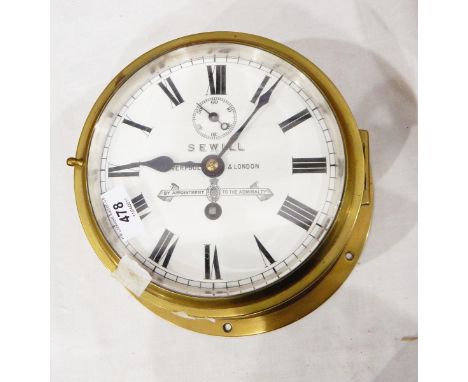 Reproduction brass ship's bulkhead clock with enamel dial, having subsidiary seconds dial 