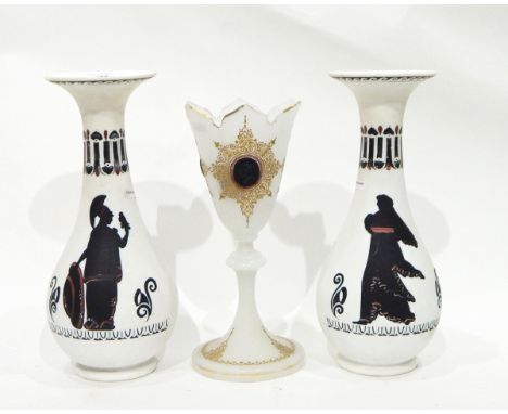 Pair of Victorian opaque white glass vases of baluster form with flared rims, each decorated in black with classical figures 
