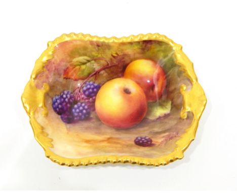 Early 20th century Royal Worcester pin tray of shaped rectangular form with shell-shaped handles, handpainted with fruit, by 