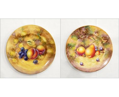 Pair of 20th century Royal Worcester porcelain plates with gilt rim, handpainted fruit decorated by Sibley-Lewis and J Smith,