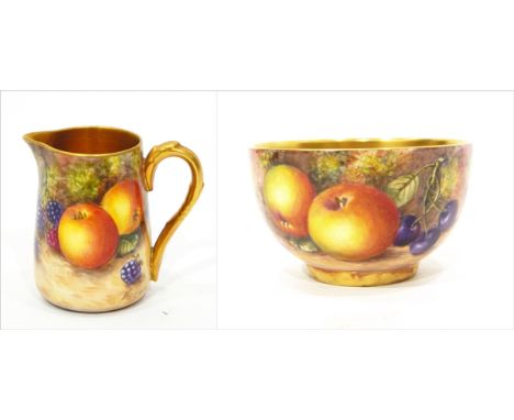 Royal Worcester porcelain milk jug and sugar bowl with gilt handle and interior, fruit decorated by Freeman, gilt interiors, 