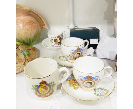 Quantity of commemorative china to include cups and saucers, two Elizabeth II cups and saucers commemorating the Coronation, 