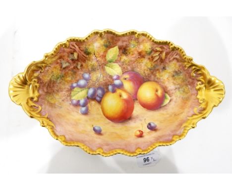 Pair of 20th century Royal Worcester shaped oval dishes with gilt shell border and shell handles, handpainted fruit decoratio