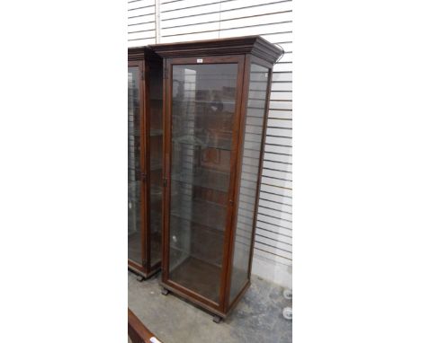 Glazed oak display cabinet with straight moulded cornice, glazed panel sides and door enclosing glass shelves, on block feet,