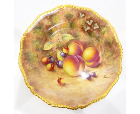 Pair of 20th century Royal Worcester plates with gilt shaped gadrooned border, handpainted grapes, cherries and peaches by Fr