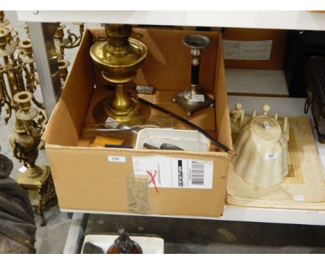 Quantity of collectables to include old pipes, brass oil lamp, quantity of postcards, etc. (1 box) 