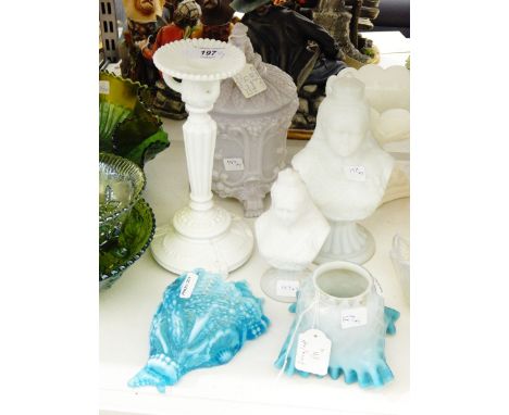 French lilac pressed glass tobacco jar and cover by Portieux, the cover modelled with a seated figure smoking a pipe, with to
