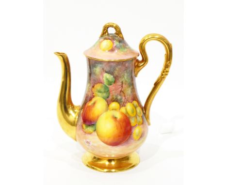 Mid 20th century Royal Worcester porcelain baluster-shaped coffee pot with gilt moulded handle, spout and pedestal base, the 