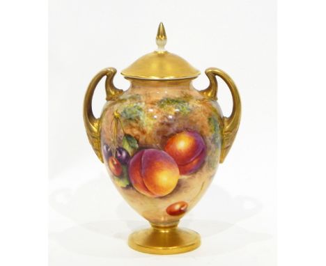 Mid 20th century Royal Worcester porcelain pedestal lidded vase, gilt lid, angular handles and pedestal base, handpainted bod