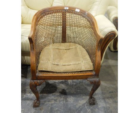 Beech framed bergere tub chair with cane back and panel seat, on cabriole legs with claw and ball feet 